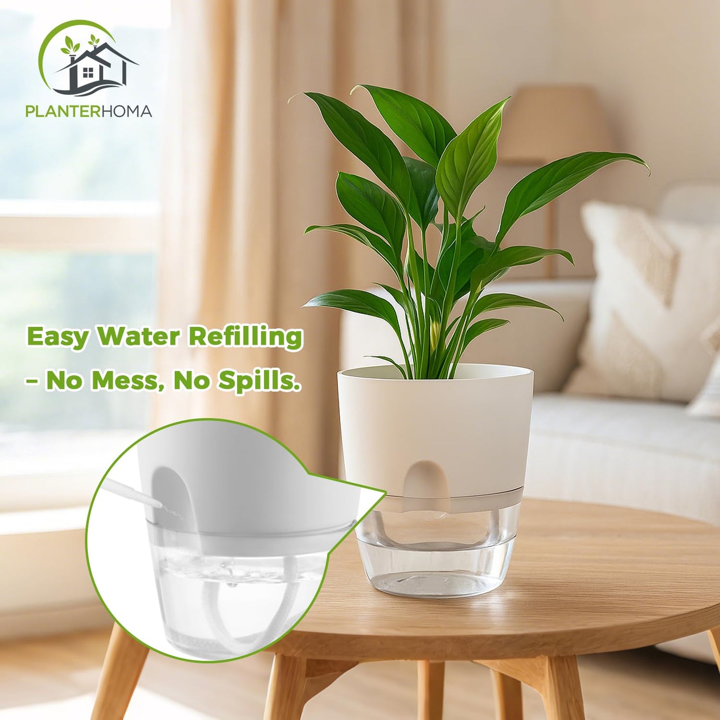 8 Pack Self Watering Pots for Indoor Plants, PlanterHoma 3.2 Inch Plant Pot Plastic Self Watering Planter for Orchid, African Violet, Mini Clear Flower Pots with Drainage Holes and Wicking Rope, White