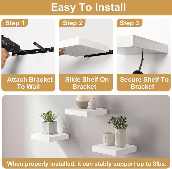 Fixwal 8inch Floating Shelves for Wall, Small White Shelves Wall Mounted Shelf