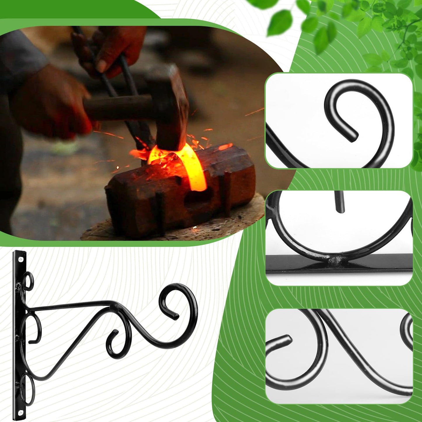 Preimum Black Plant Wall Mount Hanging Brackets Hooks Plant Basket Hanger Holder 10 Inches Indoor Outdoor Metal Brackets with Screws Garden Baskets Hanging Planters Lantern Wind Chimes(2PACK)