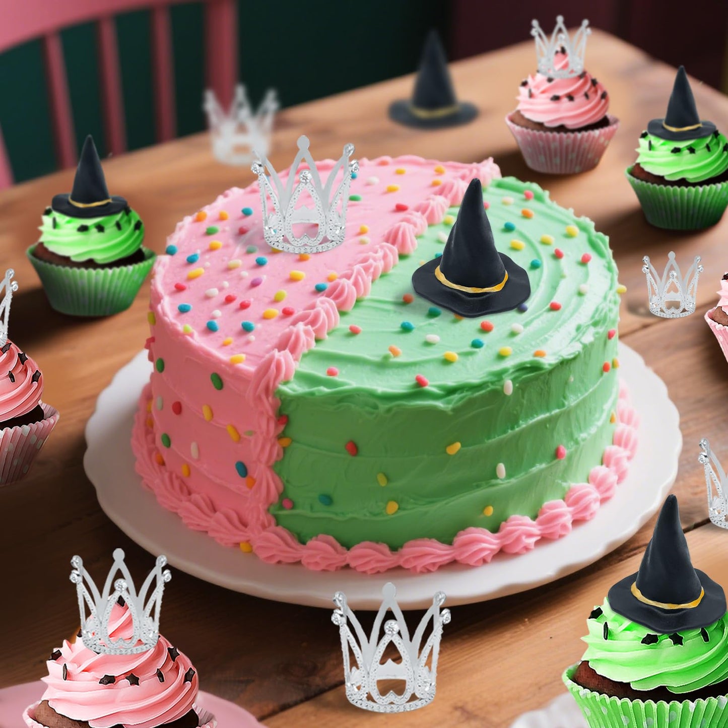 24 Pcs Witch Hat and Crown Cake Topper,Wicked Cake Topper and Wicked Cupcake Toppers,For Party, Birthday Cake, Craft Decoration