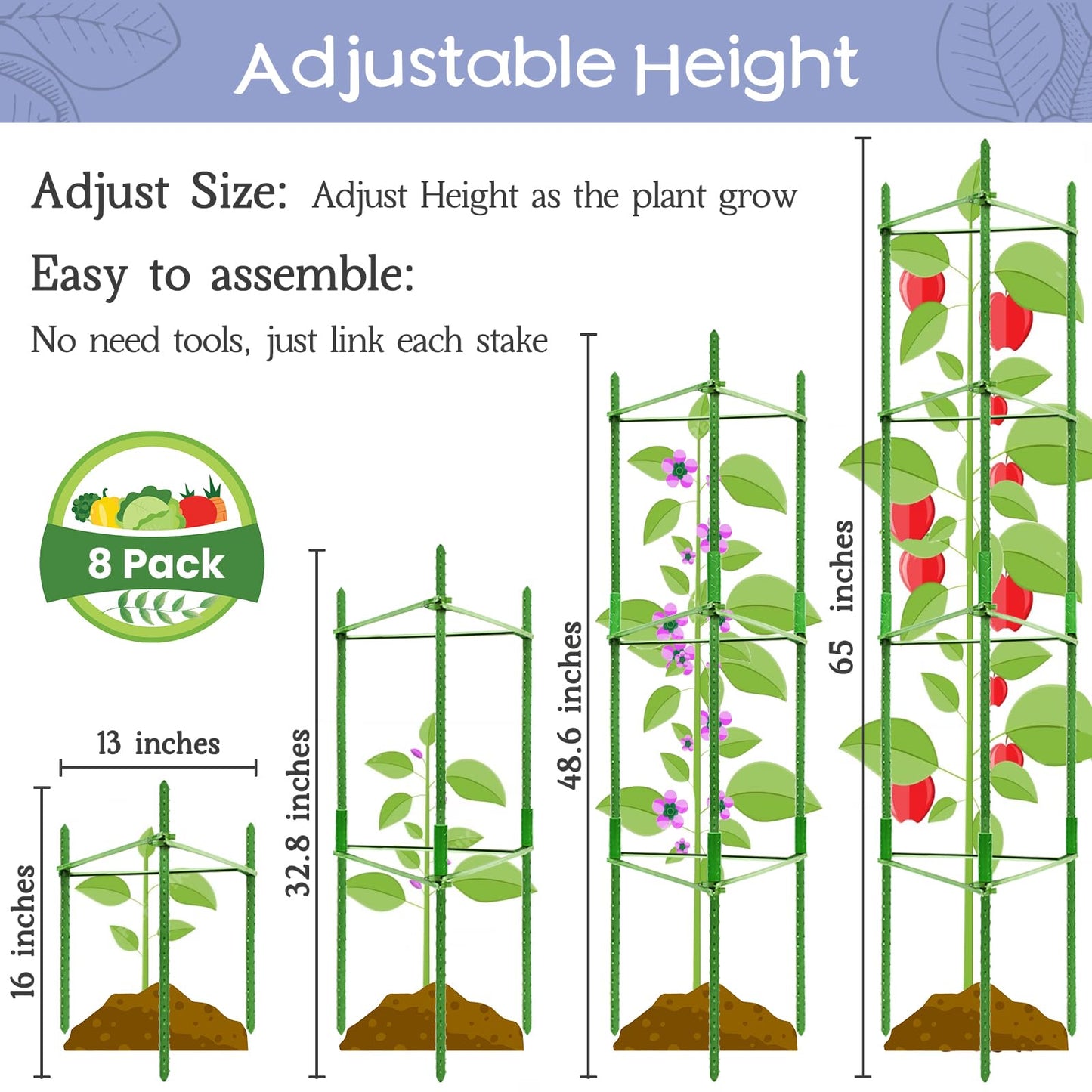 Legigo 8-Pack Up to 63inch Tomato Cages for Garden Plant Support- Garden Stakes Tomato Cage, Tomato Trellis for Potted Plants, Tomato Cages Plant Stakes for Climbing Vegetables Plants Flowers