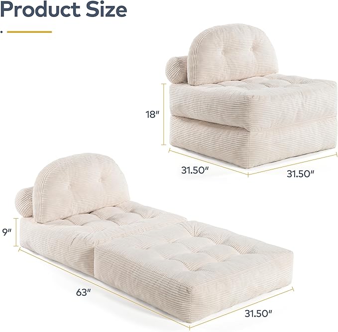 Convertible Corduroy Floor Sofa, 3-in-1 Folding Lazy Sofa Bed