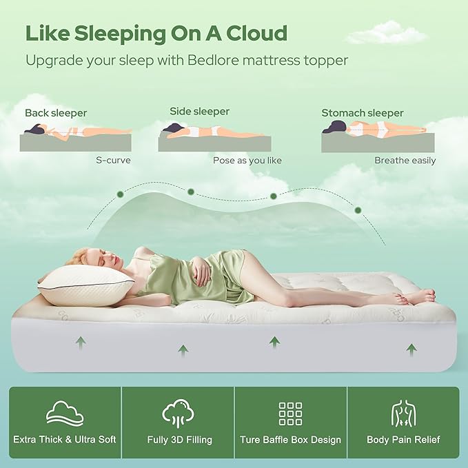 BEDLORE Full Size Mattress Topper Viscose Derived from Bamboo, Thick Pillow Top