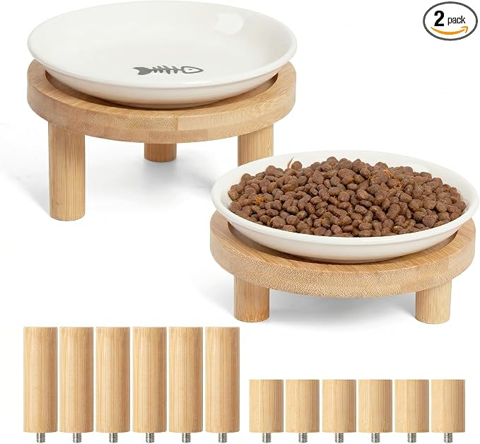 Shallow Elevated Cat Bowls, 2, White (Fish Bone), Bamboo Stand | 5.9 Inch Wide, Ceramic Dishes, Whisker Friendly, Raised Pet Food, Adjustable