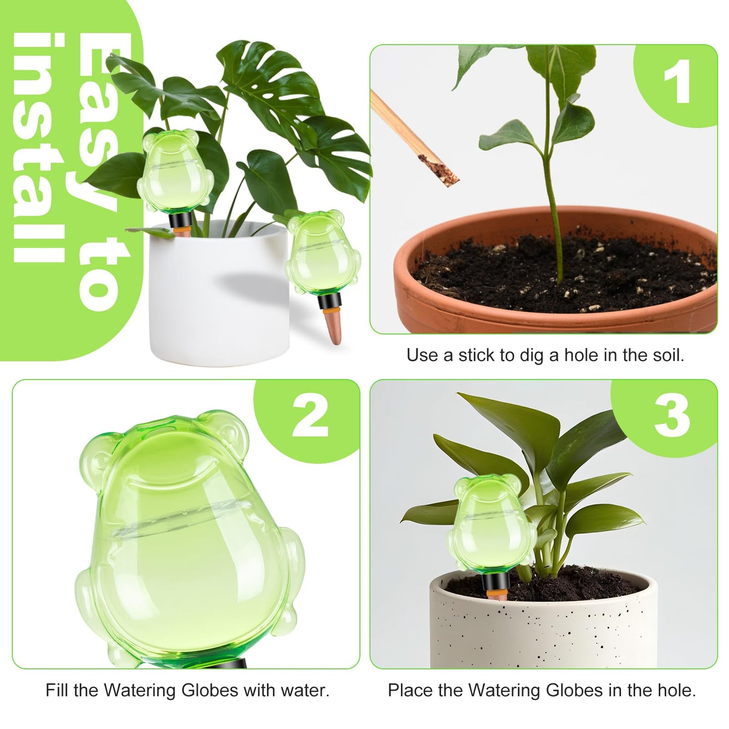 3Pcs Frog Plant Self Watering Globes for Indoor and Outdoor Plastic Water Bulbs Top Fill Plant Watering Globes Slow Release Terracotta Plant Watering Devices System for Plants, Green