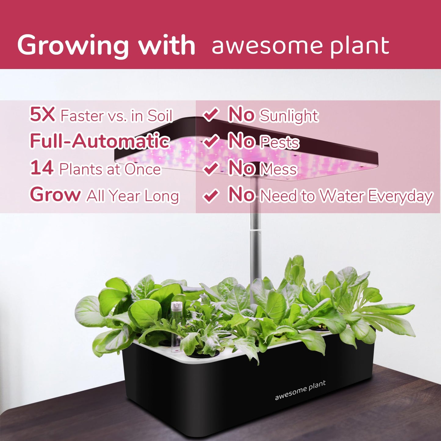 Awesome Plant 14Pro Hydroponics Growing System Kit (14 Pods), Large Indoor Herb Garden Kit with 5L Watertank, LED Grow Light, Perfect Hydroponic Gardening Gifts, Adjustable Height Up to 18.7", Black
