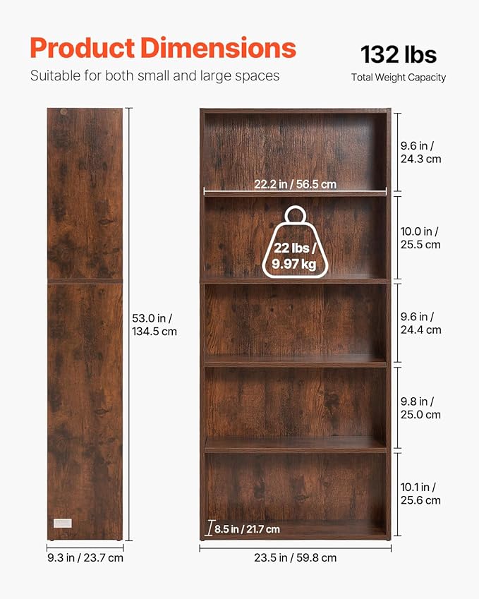 VEVOR 5 Tiers Narrow Bookshelf, 53 in Wooden Open Bookcase