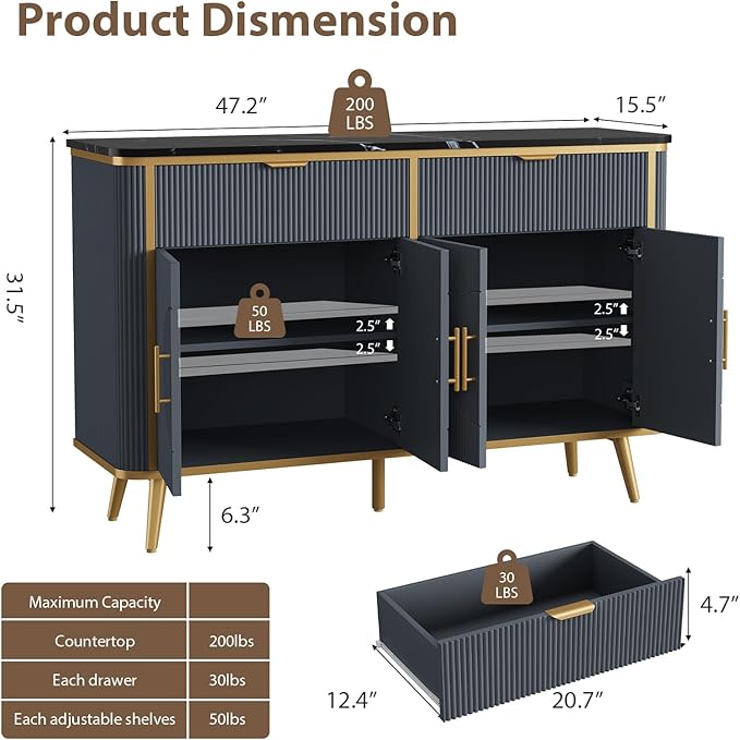 47.2" Buffet Storage Cabinet, Modern Fluted Coffee Bar Station