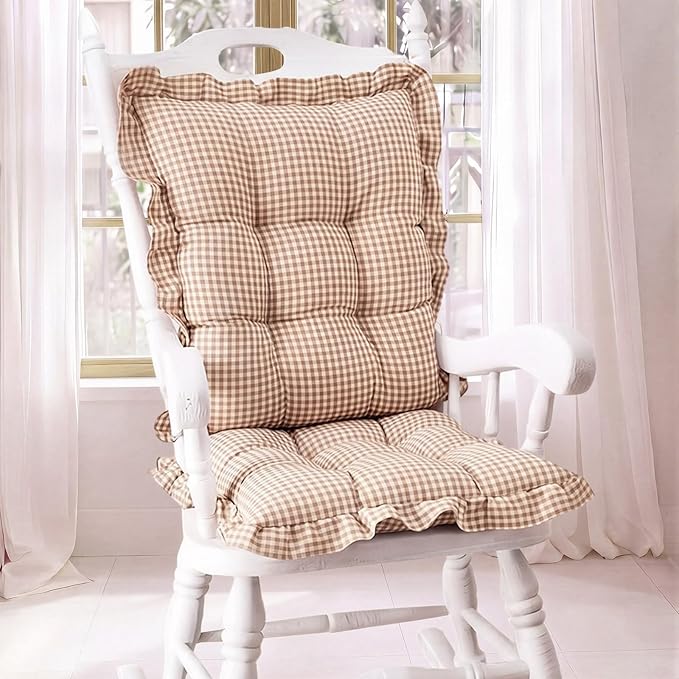 Lewtemi 2 Set Brown Gingham Rocking Chair Cushion Village Ruffled Rocking Chair
