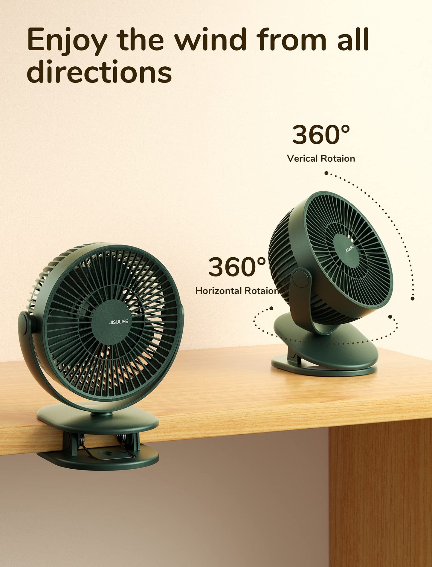 JISULIFE Clip on Baby Stroller Fan, 4000mAh Battery Operated, Portable Personal Small, Quiet & Narrow Slot Design, 4 Speeds, Max 14 Hrs, Ideal for Bed, Desk, Car Seat - Dark Green