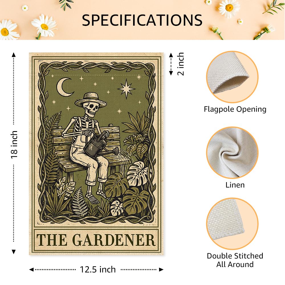 SRWNFOS The Gardener Garden Flags for Outside, Gothic Garden Flag for Plant Lover, Spooky Yard Banner for Gardener, Funny Skeleton Planting Lawn Yard Sign Decor, Halloween Gifts for Family Friends