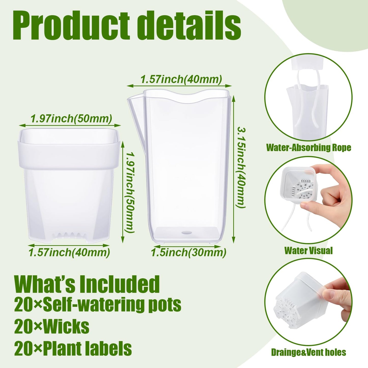 LemonRoad 20 Pack 2" Small Self Watering Pots for Indoor Plants with 20 Plant Label Mini Clear Plastic Planters with Water Level and Drainage Holes for Propagation, Succulents, and African Violet