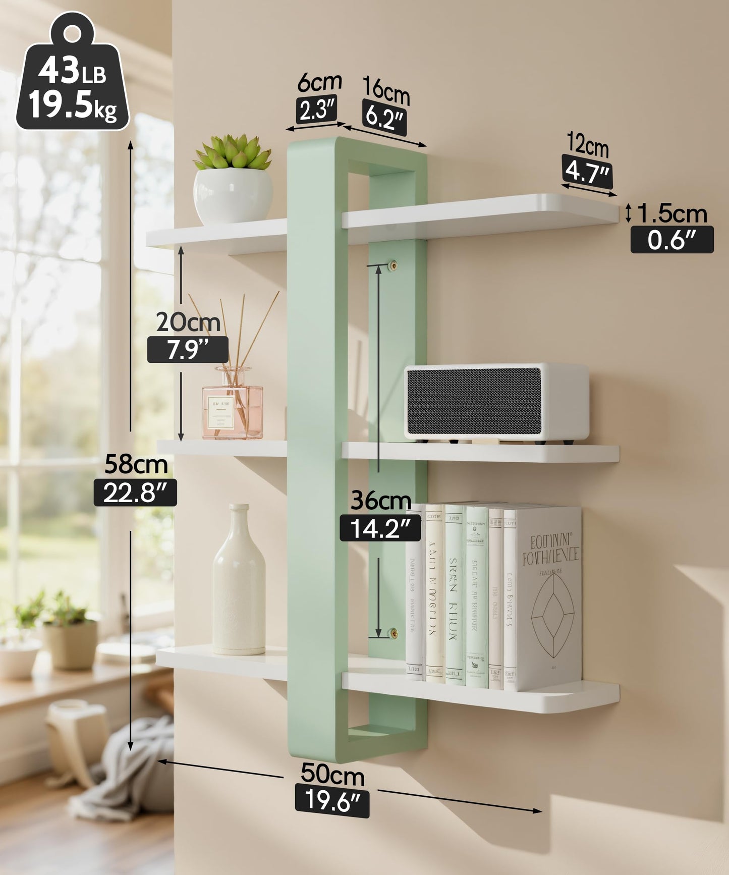 SUMGAR Green Floating Shelves for Wall Mounted Shelving Unit All Pine Wood 3 Tier Large Shelf for Bedroom Living Room Office Bathroom Home Decoration Storage Plant Photo Display Modern 20in Mint Green