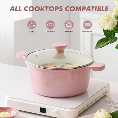 SENSARTE Ceramic Nonstick Stock Pot with Lid, 7 Quart Induction Cooking Pot with Tempered Glass Lid, Stew Pot for Soup and Oatmeal, Pasta Casserole, PFOA PFAS PTFE Free, Pink