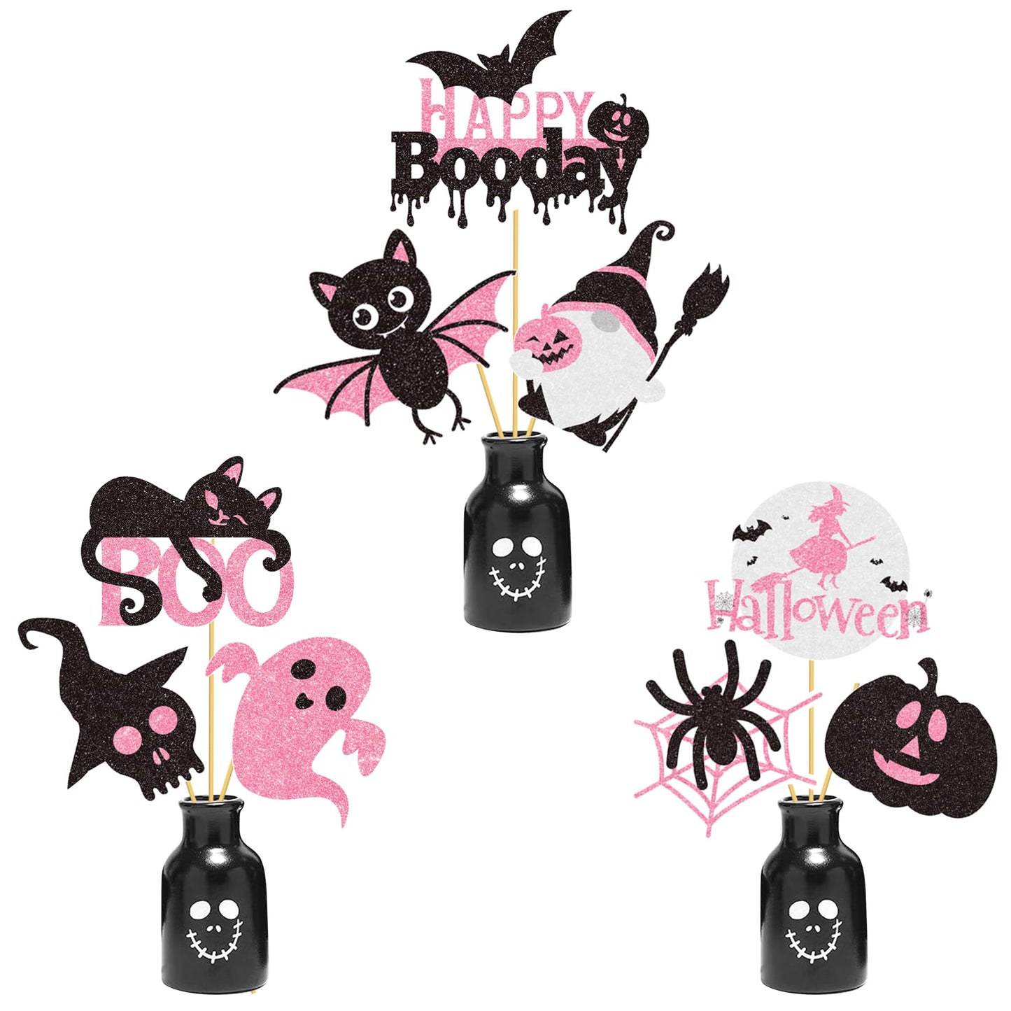Halloween Happy Boo Day Party Decorations 24PCS Pink Black Pumpkin Ghost Centerpiece Sticks Happy Boo Day Table Toppers Halloween Birthday Party Supplies for Little Boo Baby Shower Decor