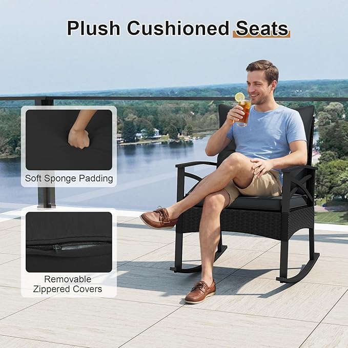 Tangkula 3 Pieces Outdoor Rocking Chairs Set, Rattan Heavy Duty Cushioned