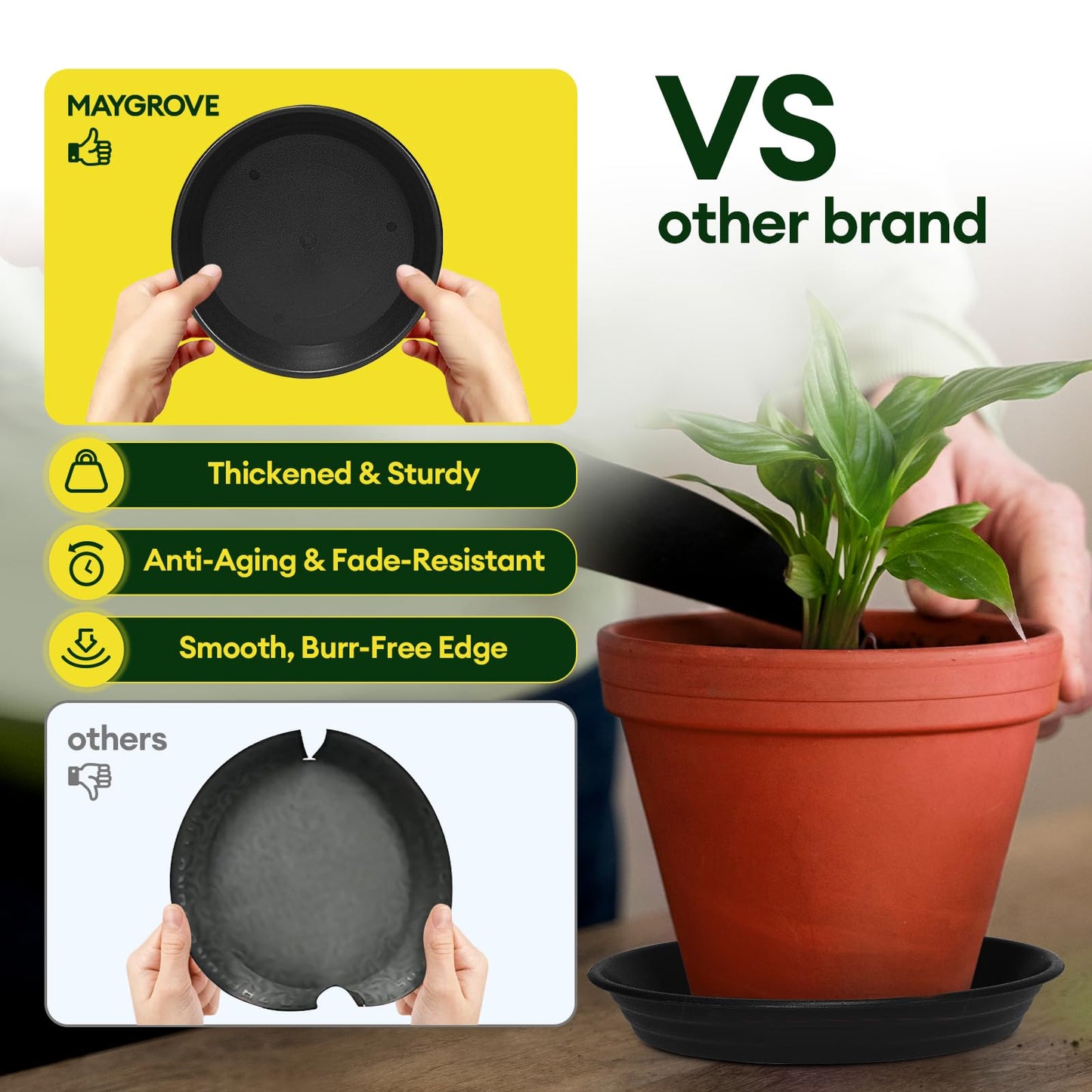 VIVOSUN 5-Pack 3 Gallon Heavy Duty Thickened Nonwoven Fabric Pots and 6 Pack Plant Saucer, 8 10 12 inch Plant Saucers for Indoor, Heavy Duty Plastic Plant Trays for pots, Grow Bags