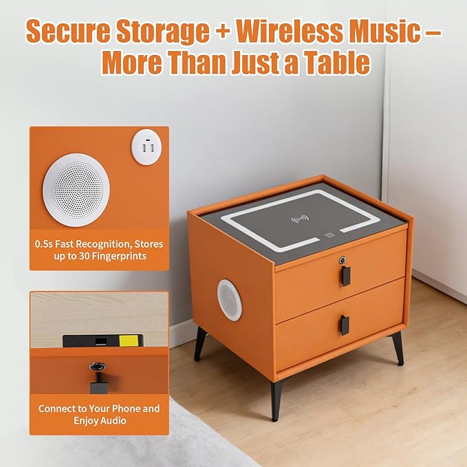 Smart Nightstand with Charging Station, Adjustable LED, USB Ports, Fingerprint