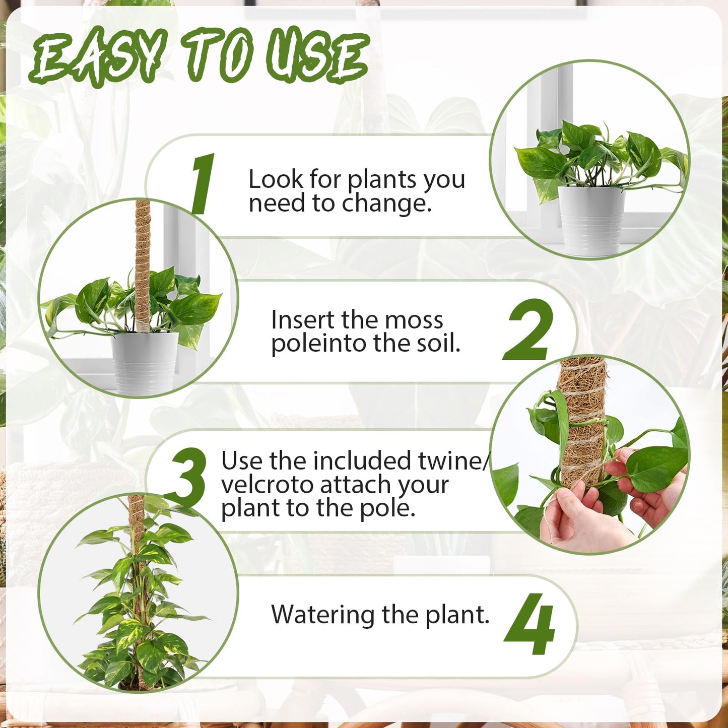 Deergo 4Pack 30 Inch Moss Pole, Bendable Moss Pole for Plants Monstera Coco Coir Plant Support Pole for Small Climbing Plants Grow Up, Brown