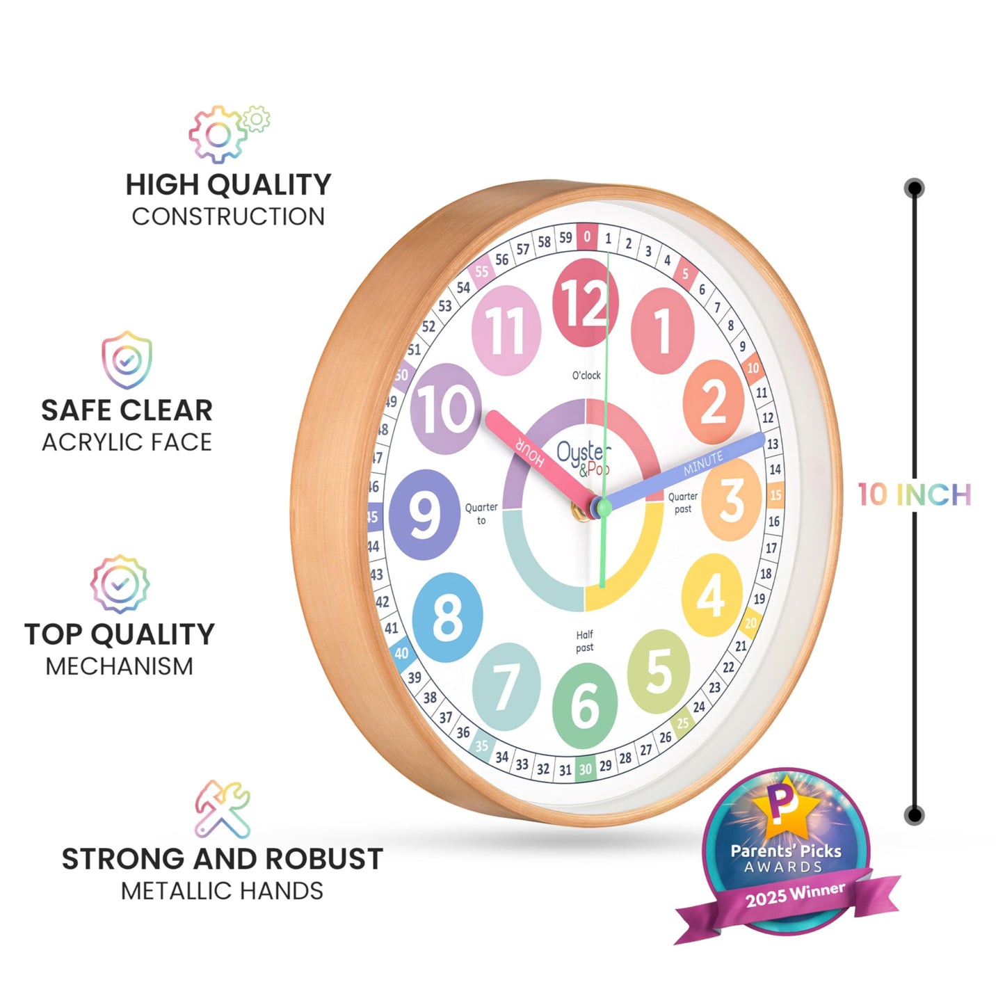 Oyster&Pop Kids Clock - Silent 10" Pastel Analog Learning Wall Clock - Award-Winning Telling Time Teaching Clock for Kids - Bedrooms Homeschool & Classrooms - Includes eBook
