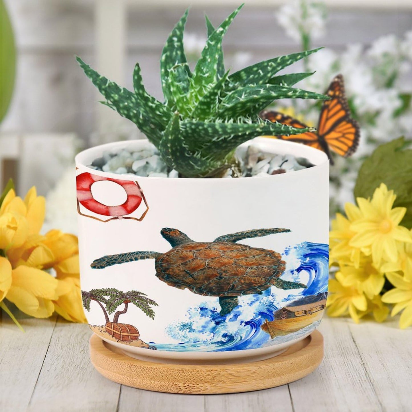 DreamAutumn Ocean Theme Sea Turtle Ceramic Planters Ceramic Pots with Saucers Orchid Pots for Plants Succulents Pots Office Desk Garden Balconys New Home Decor,Gifts for Mom Mother Grandmother