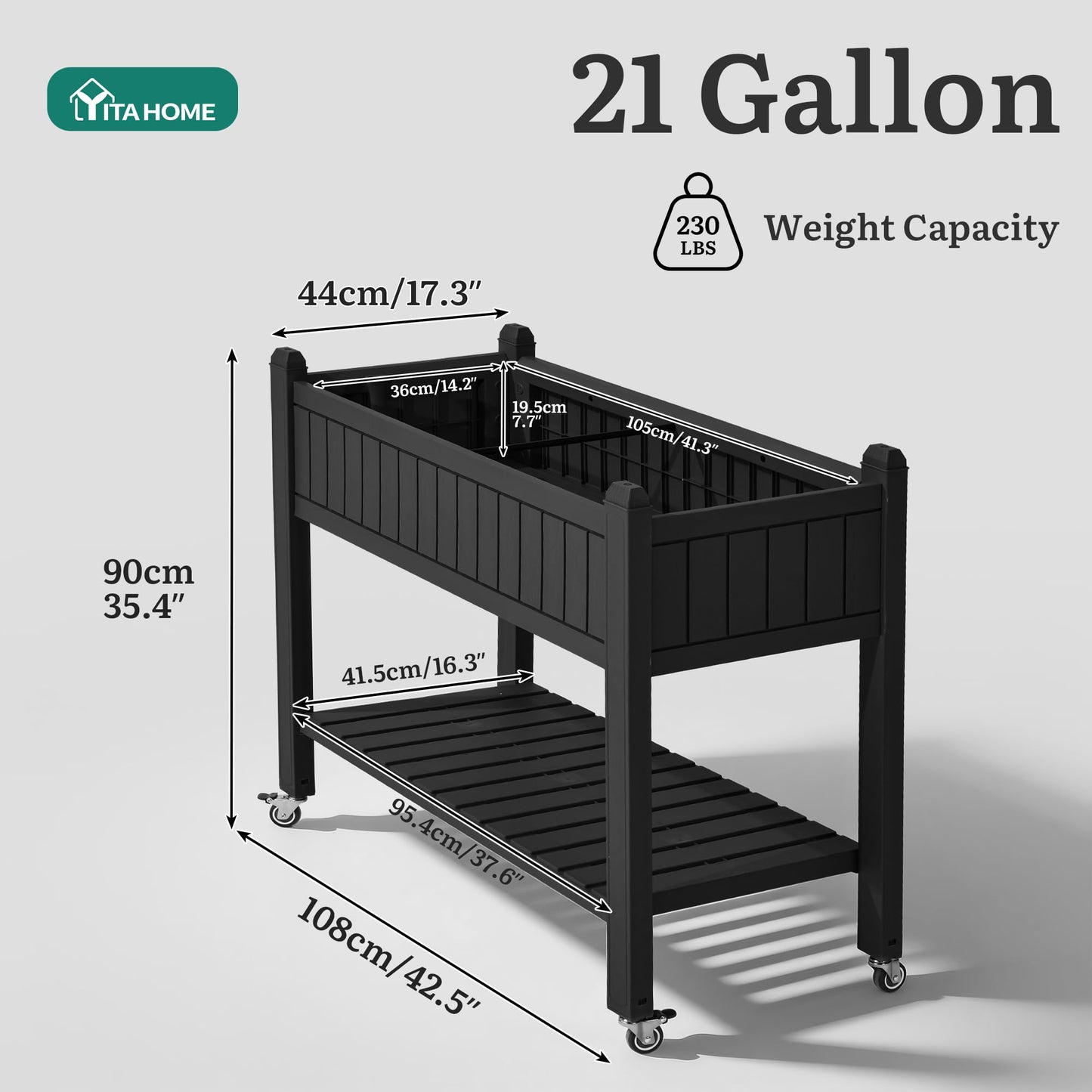 YITAHOME 42.5x17.3x35.4 in Raised Garden Bed, Outdoor Plastic Planter Box with Wheels, Legs, Drain Plug, and Storage Shelf for Plants, Vegetables, Flowers, Herbs, Black