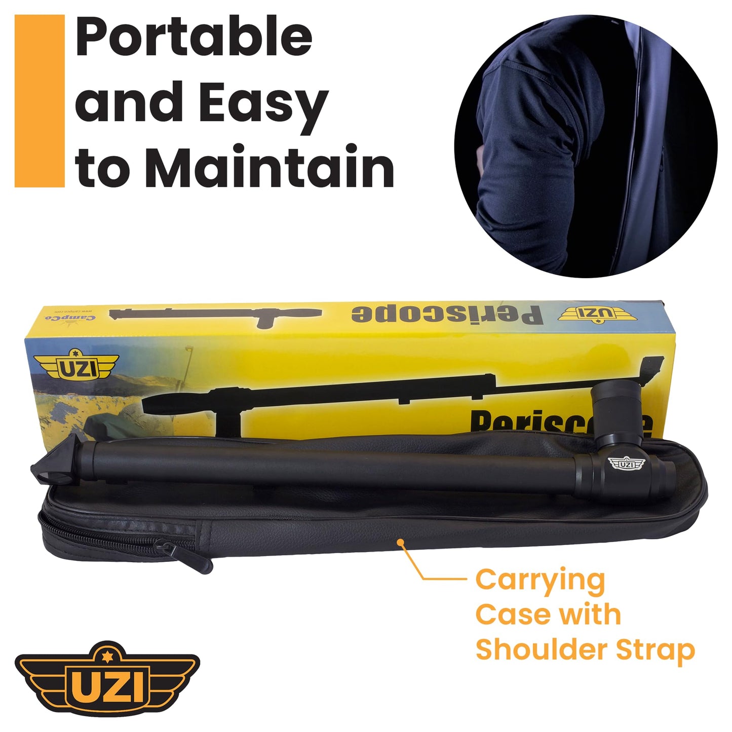 Uzi Expandable Tactical Professional Periscope Adjustable 20" to 27", Weatherproof Aluminum Spy Periscope for Adults, Kids, Hunting, Hiking, Surveillance, 5X HD Magnification, Black