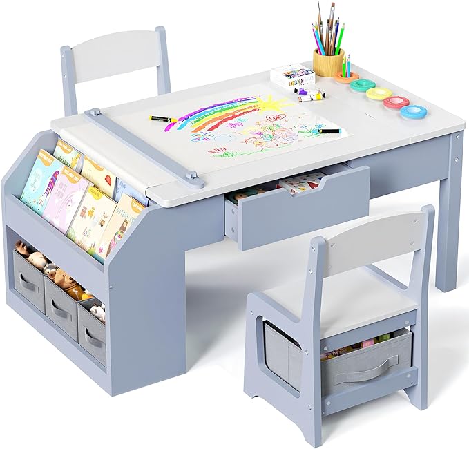 5-in-1 Kids Art Table and Chairs, Wood Toddler Table and Chair Set