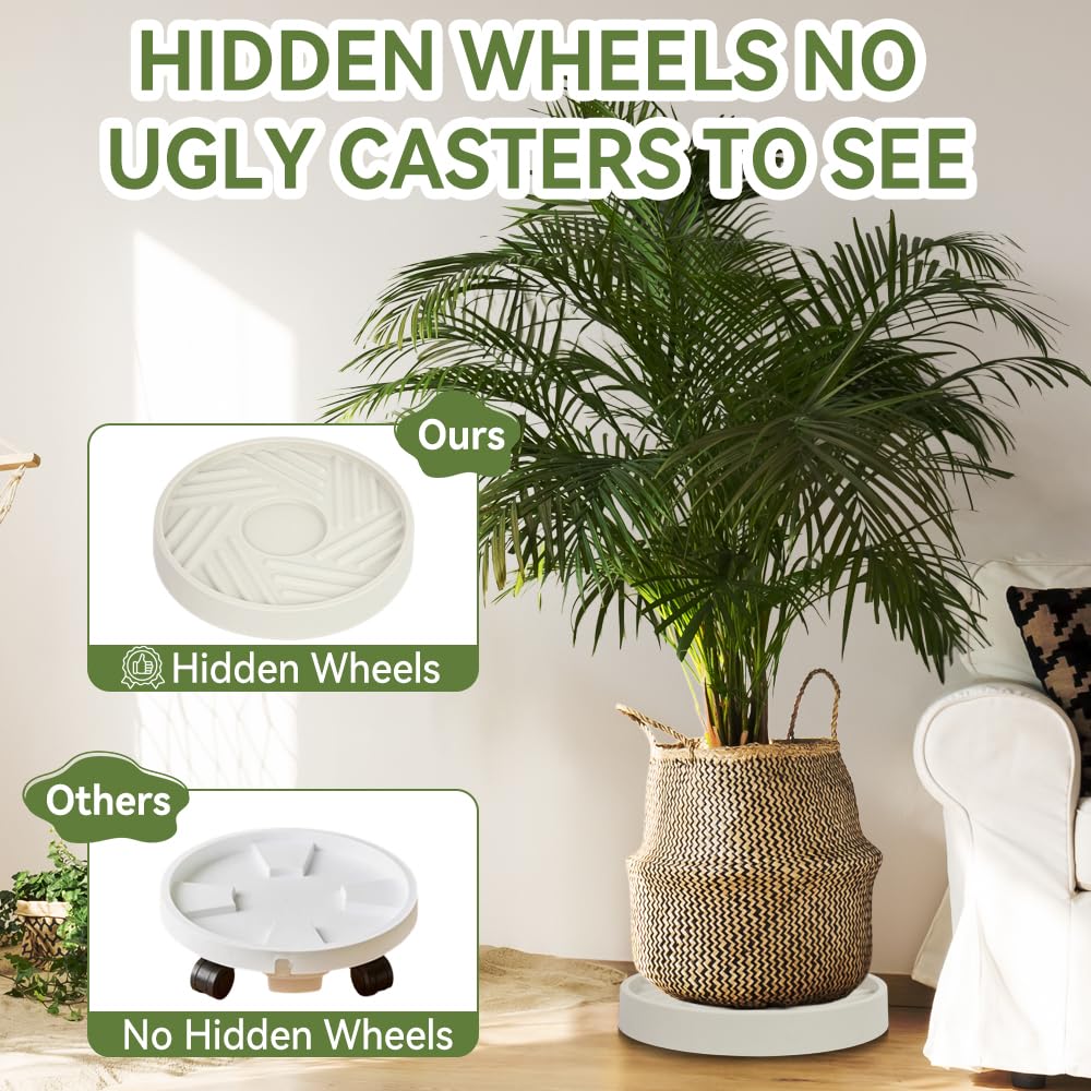 UoeRing 1 Pcs Plant Caddy with Wheels 12 Inch Hidden Wheels Heavy Duty Rolling Plant Stand, Indoor Outdoor Plant Saucer Tray with $9.9 Garden Tools (Beige)