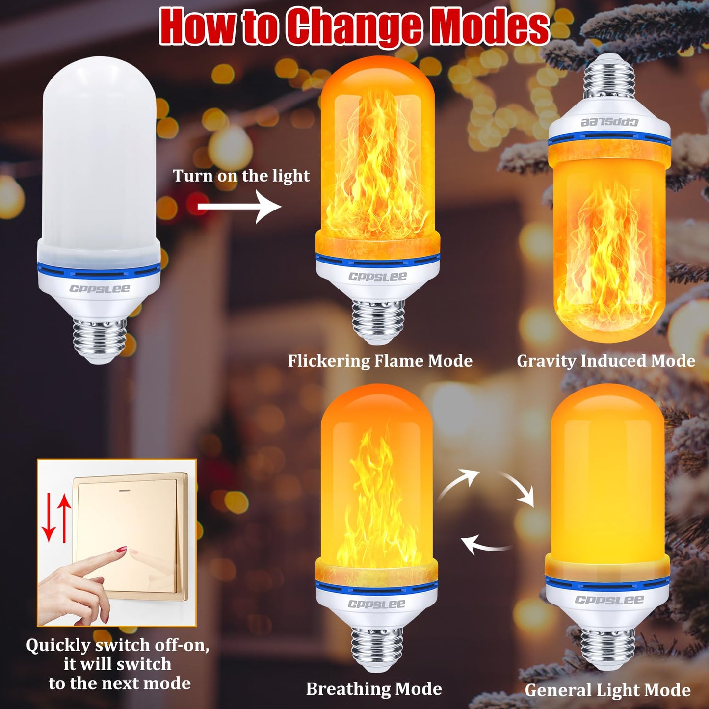 CPPSLEE Upgraded LED Flame Light Bulbs, 4 Modes Flickering Light Bulbs, E26 Base Fire Flame Bulb for Halloween Decorations Outdoor, Christmas Lights Patio Indoor Home Decor (Yellow, 2 Pack)