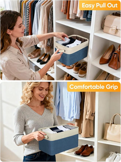 BALEINE 3 Pack Fabric Closet Storage Bins for Shelves, Linen Closet Organizers and Storage, Decorative Baskets for Organizing, Shelf, Clothes, Home, Office (Navy Blue, 14''x10''x8.5'')