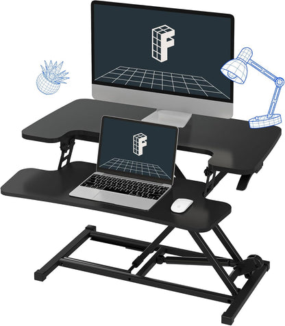FLEXISPOT Height Adjustable 32in Standing Desk Converter Sit to Stand up Desk Riser Computer Workstation with Wide Keyboard Tray 2-Tier Desktop Black (32'', Black)