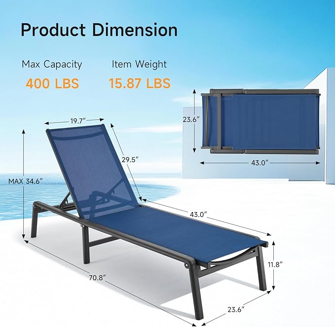 Aluminum Chaise Lounge Chair Outdoor, Foldable & Assembly Free Outdoor Lounge