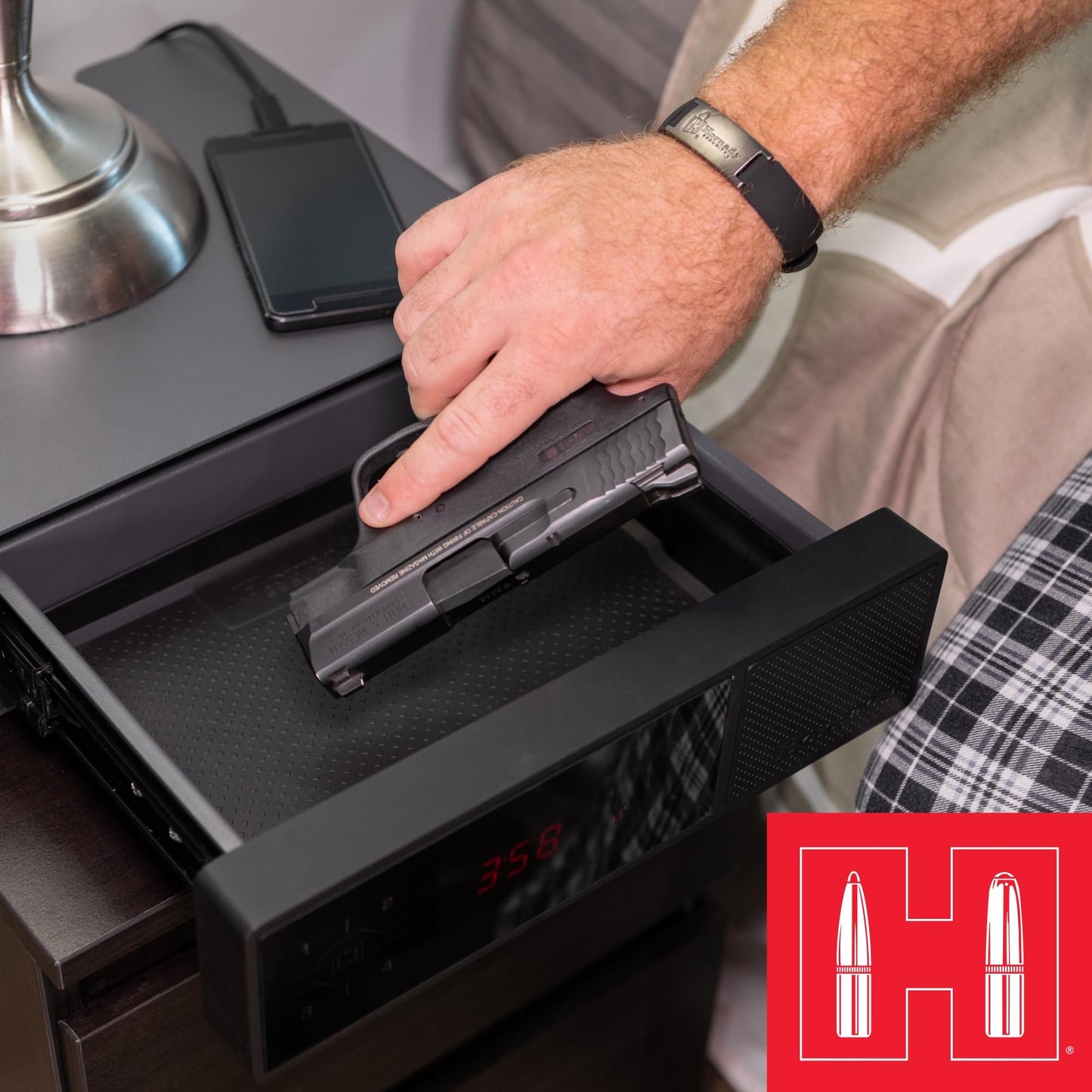 Hornady Rapid Safe Night Guard – Nightstand Gun Safe with RFID Reader, Clock, USB Ports – RFID Safe for Fast, Multiple Method Entry – Includes Rapid Safe, 3 Methods of Entry and Security Cable