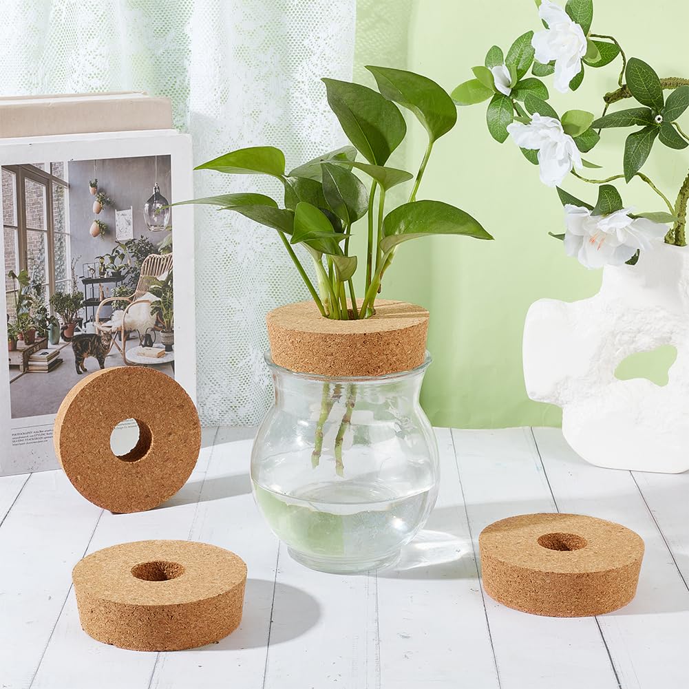 OLYCRAFT 4 Pack Cork Lids for Glass Planters 3.5~3.9 Inch Hydroponic Lids 1.2 Inch Thick Terrarium Cork Covers with 1.2 Inch Hole Natural Cork Stoppers for Hydroponic Plant Propagation Growing Vases