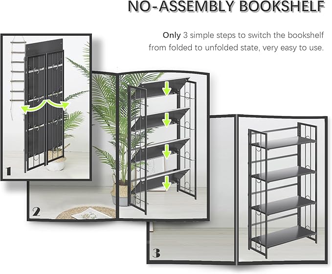 4NM No Assembly 4 Tiers Folding Bookshelf, 47.2" H Foldable Storage Shelves