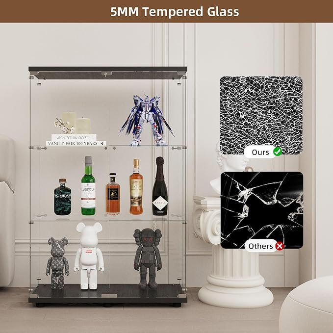 Display Cabinet with Glass Door and Lock, 3-Shelf Fast Installation Curio