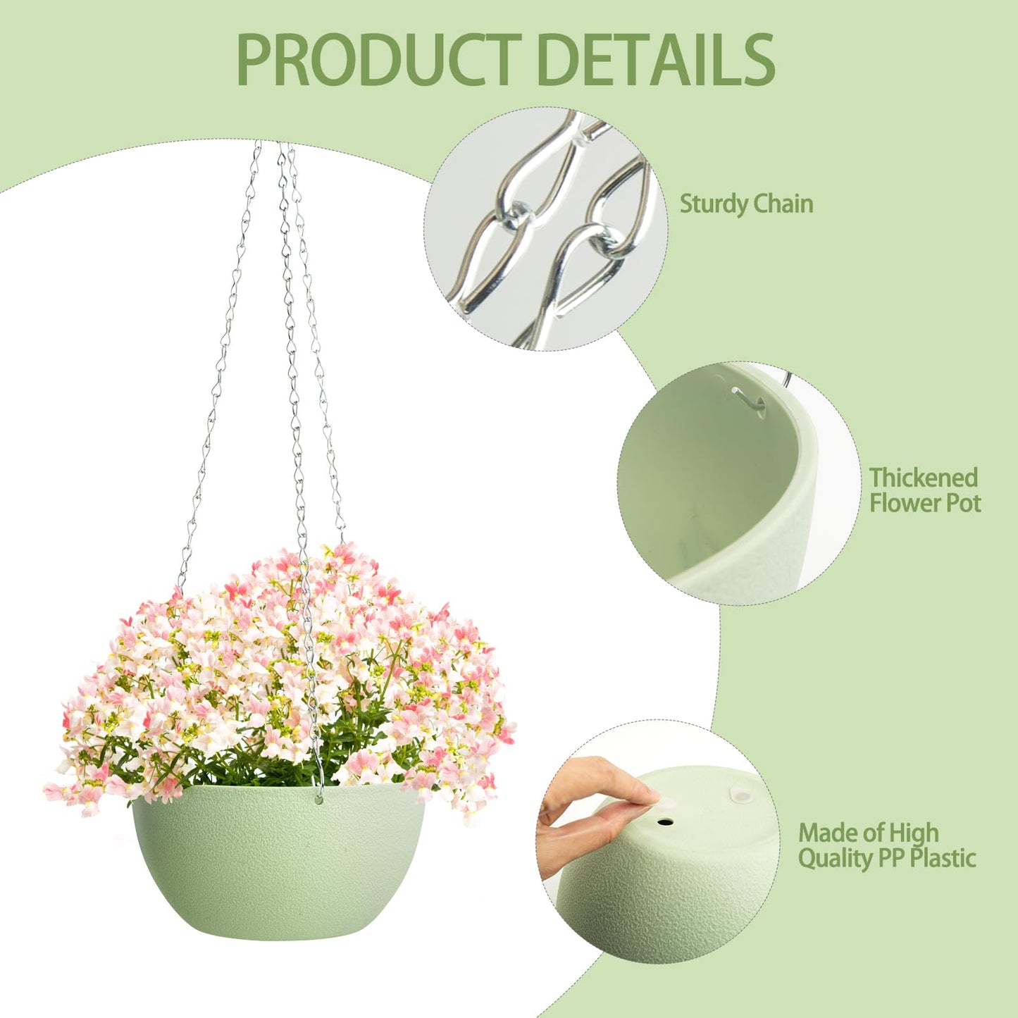 XXXFLOWER Hanging Planters 2 Pack Hanging Baskets Plastic Flower Pot with Drainage Hole & Chain & Hook,Hanging Flower Baskets for Indoor and Outdoor Plants,Home Wall Boho Decor（Green）