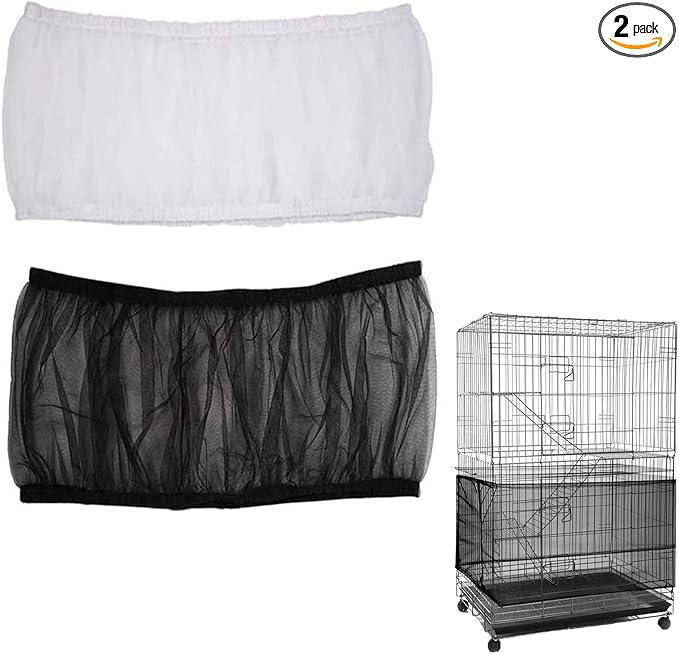 ISMARTEN Bird Cage Seed Catcher (2 Pack), Airy Gauze Bird Cage Cover Seeds Guard Dust-Proof Universal Birdcage Accessories Mesh Net Cover (Black + White, L)