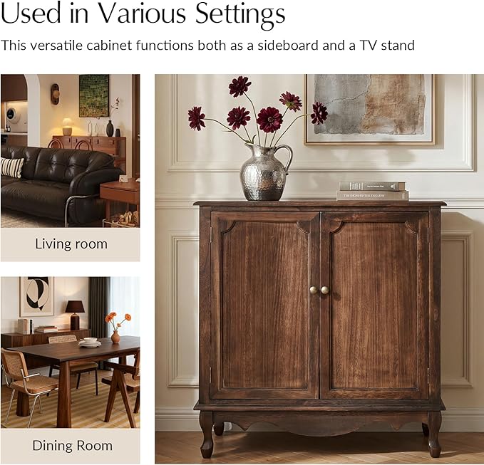 Solid Wood Sideboard with Adjustable Feet, 2 Shelves Storage Accent Cabinet