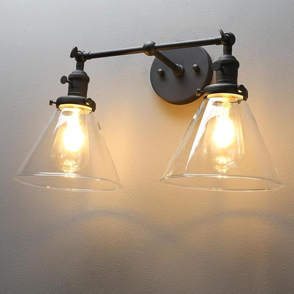 PERMO Double Sconce Vintage Industrial 2-Lights Sconce Antique Wall Sconces with Funnel Flared Glass Clear Glass Shade Vanity Light for Bathroom (Matte Black)