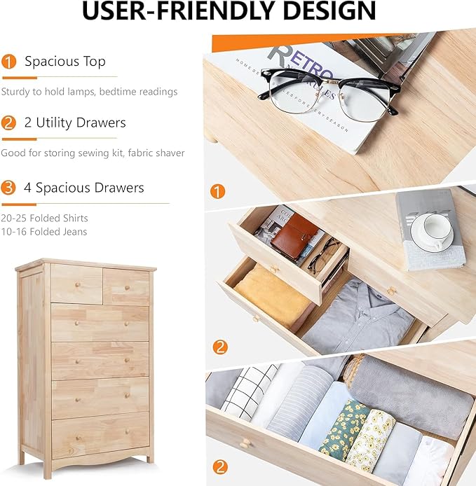 VINGLI Unfinished 6 Drawer Dresser, Natural Solid Wood Dresser Color DIY