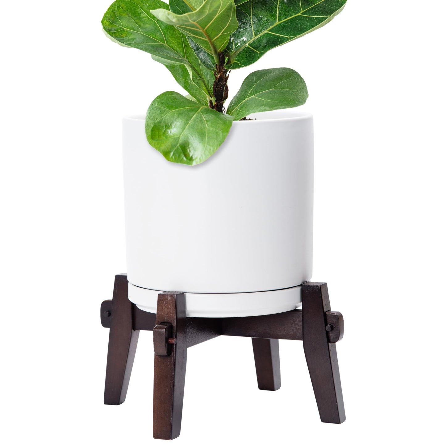 D'vine Dev Ceramic Planter with Wood Stand - 10 Inch Mid Century Modern Cylinder Indoor Plant Pot Set for Indoor Plants & Flowers, White, 55-A-X-1