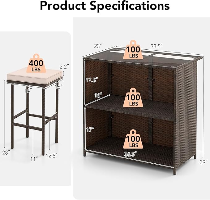Tangkula 3 Piece Patio Bar Set, Outdoor Rattan Bar Table and 2 Stools