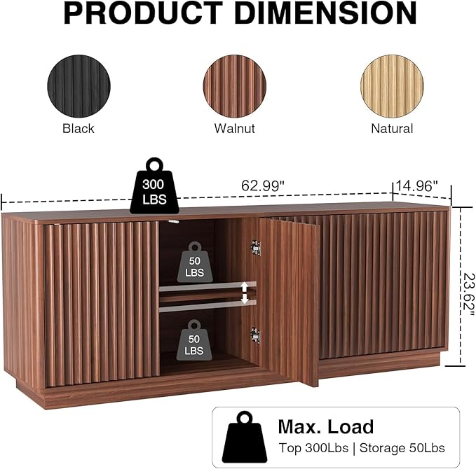63'' Fluted TV Stand for TVs up to 75'', Modern Media Console