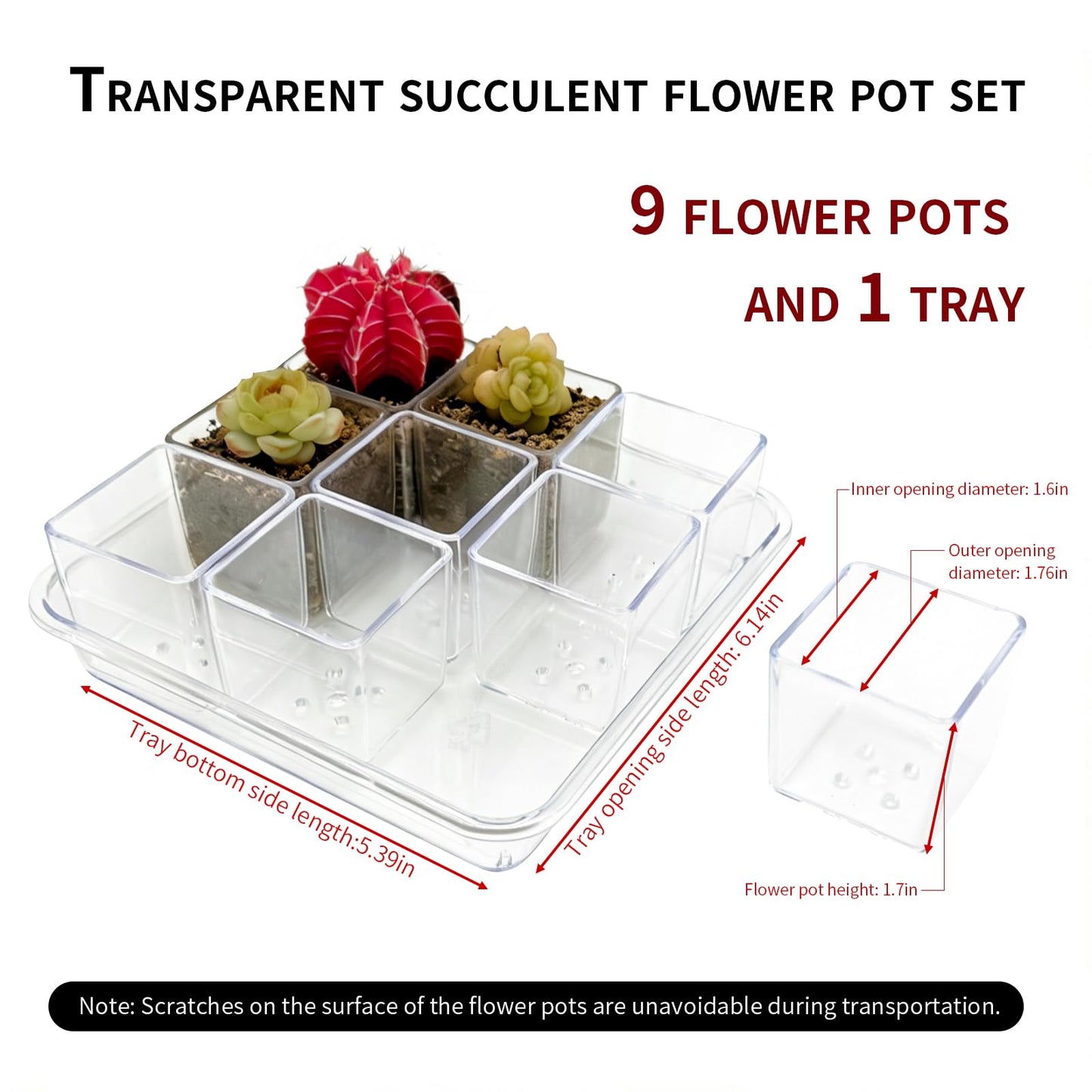 QCSMBFL 9pcs Mini Square Flower Pots, 1.7in Clear Plastic Planter with Drainage Hole - Lightweight Indoor Desktop Nursery Decorative Pot for Succulents, Cactus, Seedlings, Home Greenery