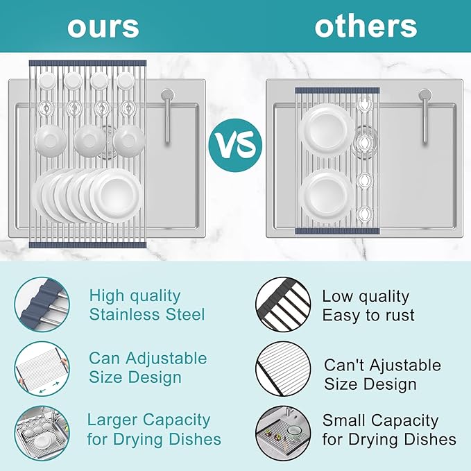 BBXTYLY Extra Large Expandable Roll Up Dish Drying Rack,Over The Sink Drying Rack Sink Cover Kitchen Sink Accessories Kitchen Rolling up Stainless Steel Drainer, Foldable,Rollable（Gray，22.8''-12.4''）