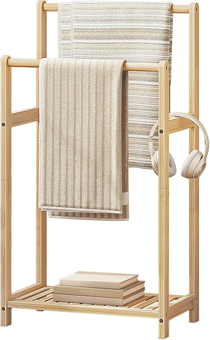 HOOBRO Freestanding Towel Rack for Bathroom, 2 Tier Decorative Bamboo Blanket