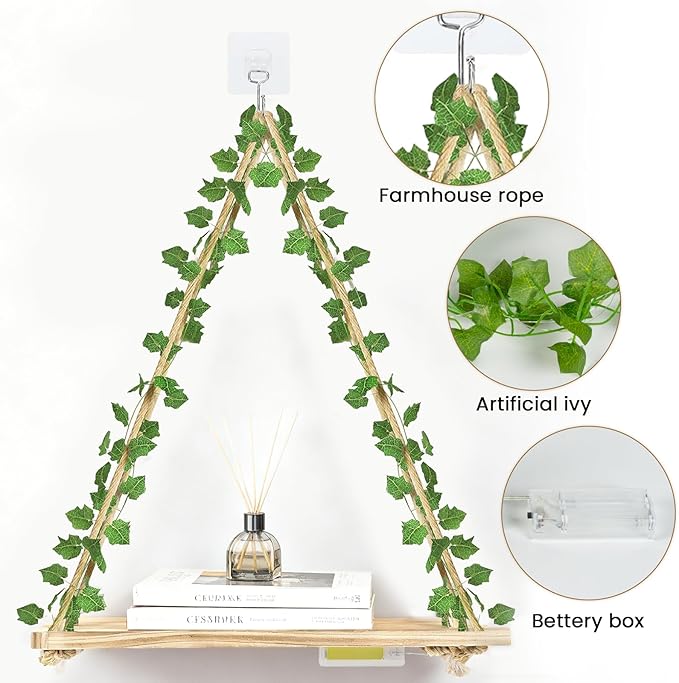 RICHER HOUSE Artificial Ivy LED-Strip Wall Hanging Shelves, Macrame Shelf