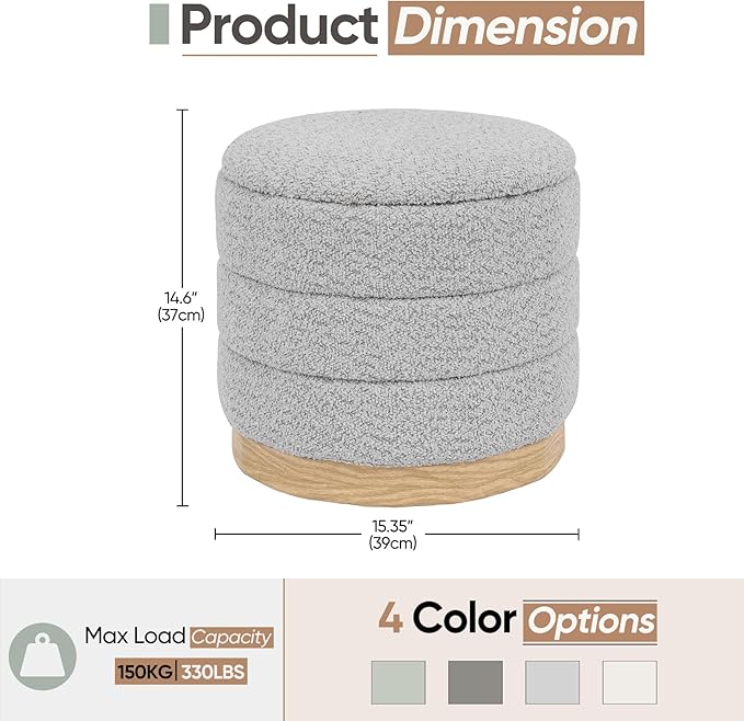 Round Storage Ottoman with Reversible Tray Lid, Folding Chenille Fabric
